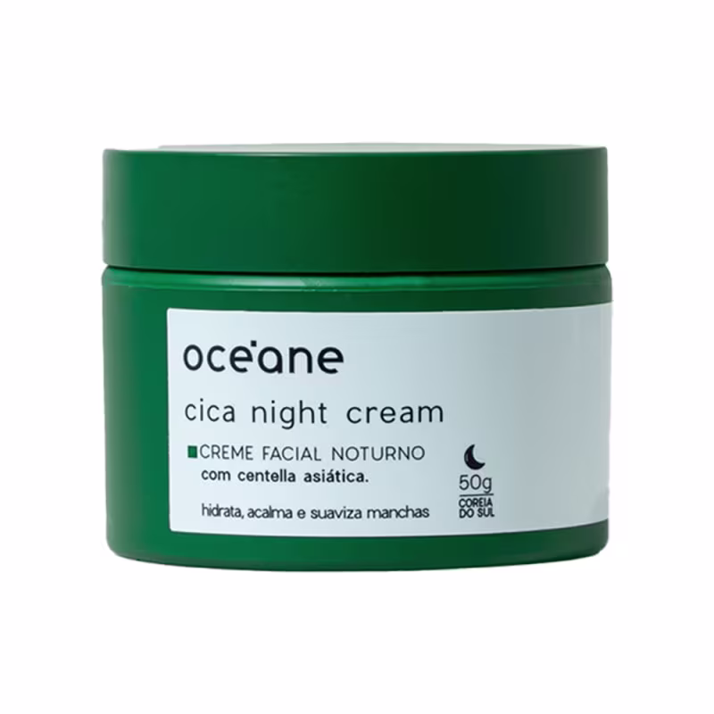 Creme facial noturno Oceane com centella asiática, em embalagem verde escura de 50g, com rótulo indicando o nome do produto "cica night cream".