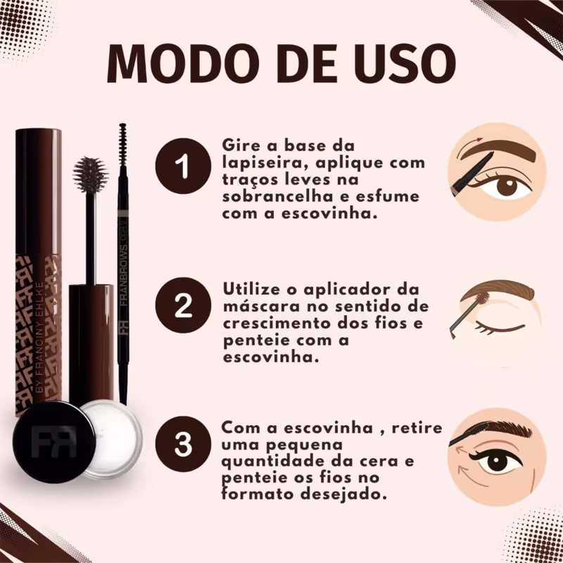 Kit Franciny Elhke Fran Brows Cor 2: Máscara, Lapiseira e Cera Para Sobrancelhas