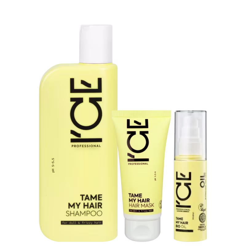 Conjunto de produtos de cabelo da marca Ice Professional, incluindo shampoo, máscara e óleo, em embalagens amarelas e brancas com texto preto destacado.