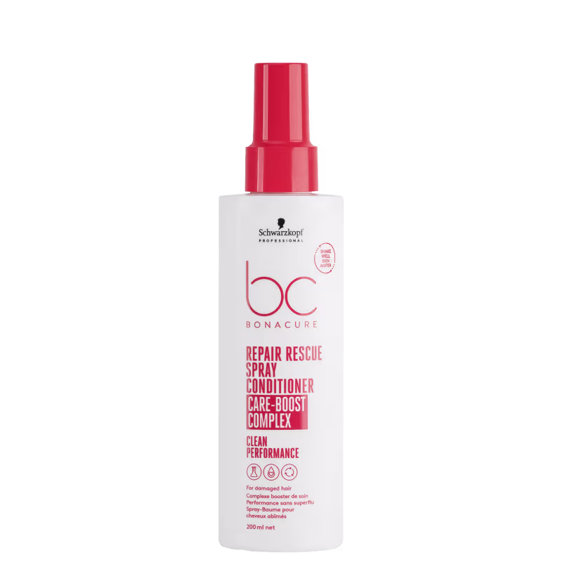 Frasco branco com rótulo da marca Schwarzkopf Professional BC Bonacure Repair Rescue, contendo um spray condicionador de 200ml