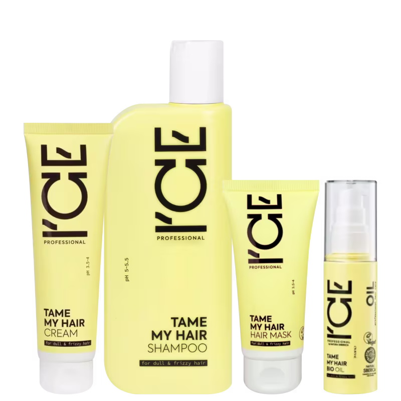 Conjunto de produtos para cabelos da marca Ice Professional, incluindo shampoo, máscara, creme e óleo, em embalagens de cores predominantemente amarela e branca, com rótulos exibindo o nome da marca e os nomes dos produtos.