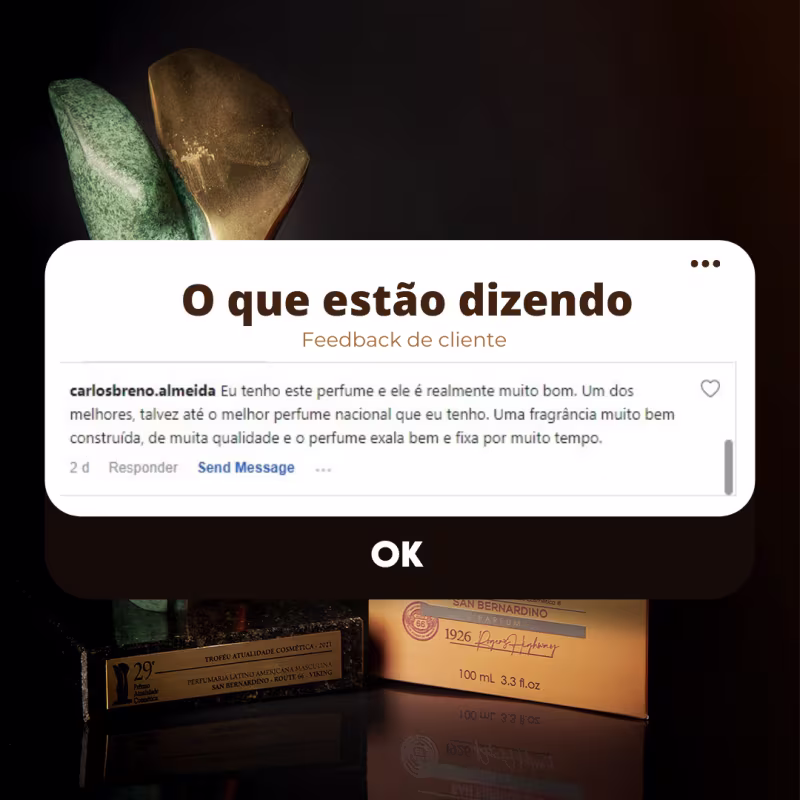 A imagem mostra o feedback de um cliente sobre o perfume masculino San Bernardino Route 66. Nela, a pessoa diz que a fragrância é uma das melhores nacionais, muito bem construída e de alta qualidade.