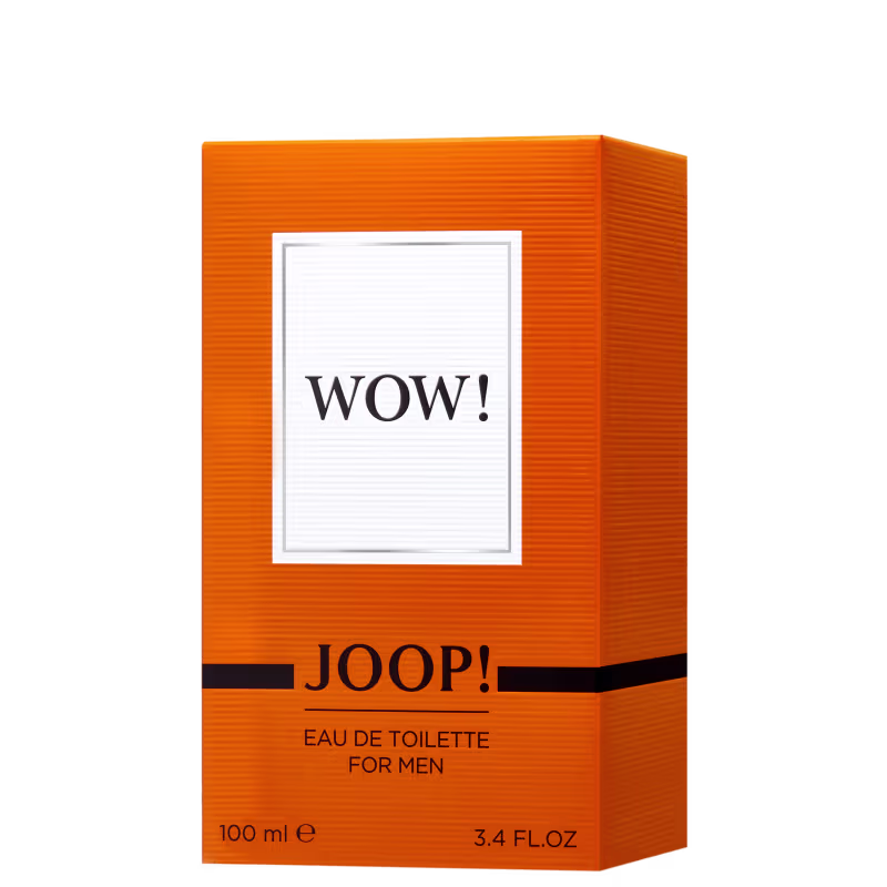 A imagem traz a caixa de perfume. Ela tem um formato retangular de cor laranja vibrante. Na frente, há uma janela branca com o texto "WOW!" em letras grandes e negritadas. Abaixo, está escrito "JOOP!" em letras pretas sobre fundo laranja.