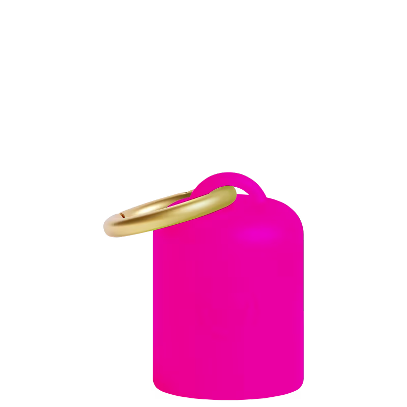 Detalhe da case rosa e com alça para pendurar.