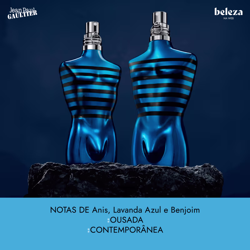 Dois frascos de item de perfumaria da marca Jean Paul Gaultier, com design em tons de azul e listras pretas, com texto "Notas de Anis, Lavanda Azul e Benjoim" e "Ousada Contemporânea".