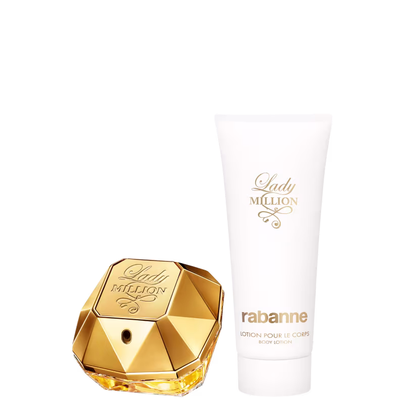 Frasco de perfume Lady Million da Rabanne em formato geométrico dourado e tubo de loção corporal branca com rótulo Rabanne. Produtos de beleza com design elegante e sofisticado.