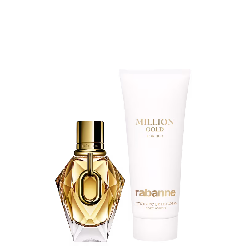 Conjunto de produtos de beleza da marca Rabanne, incluindo um frasco de perfume dourado com detalhes em relevo e uma caixa com padrão geométrico em tons de amarelo, acompanhado de um tubo de loção corporal.