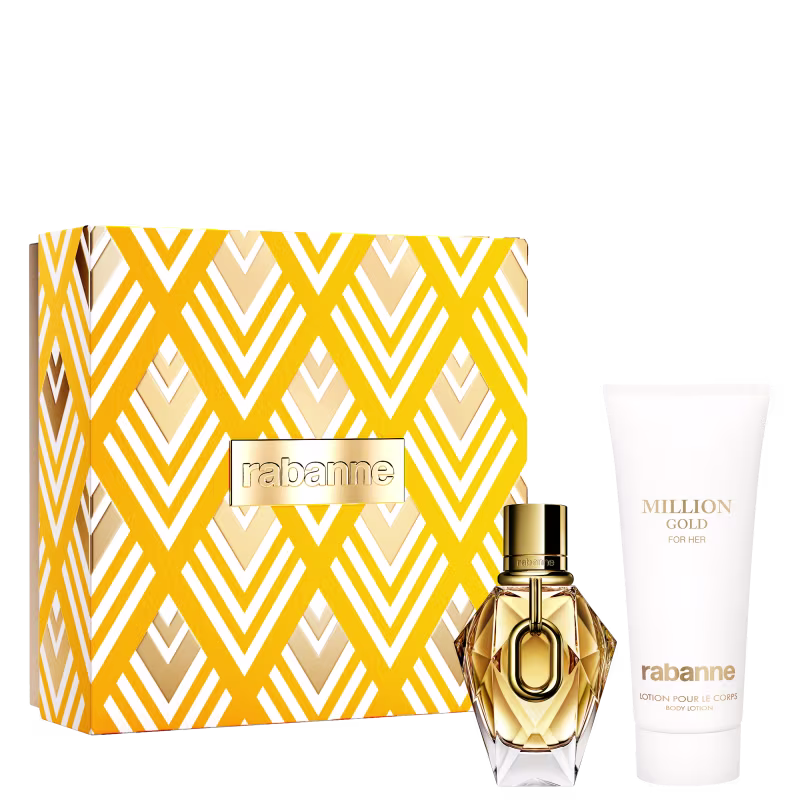 Conjunto de produtos de beleza da marca Rabanne, incluindo um frasco de perfume dourado com detalhes em relevo e uma caixa com padrão geométrico em tons de amarelo, acompanhado de um tubo de loção corporal.
