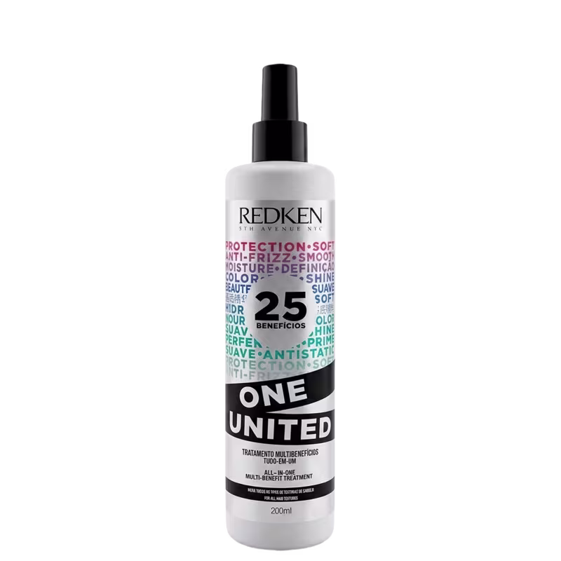 Frasco branco e preto da linha One United da Redken, um tratamento multifuncional com 25 benefícios para os cabelos, incluindo proteção, suavidade e brilho.