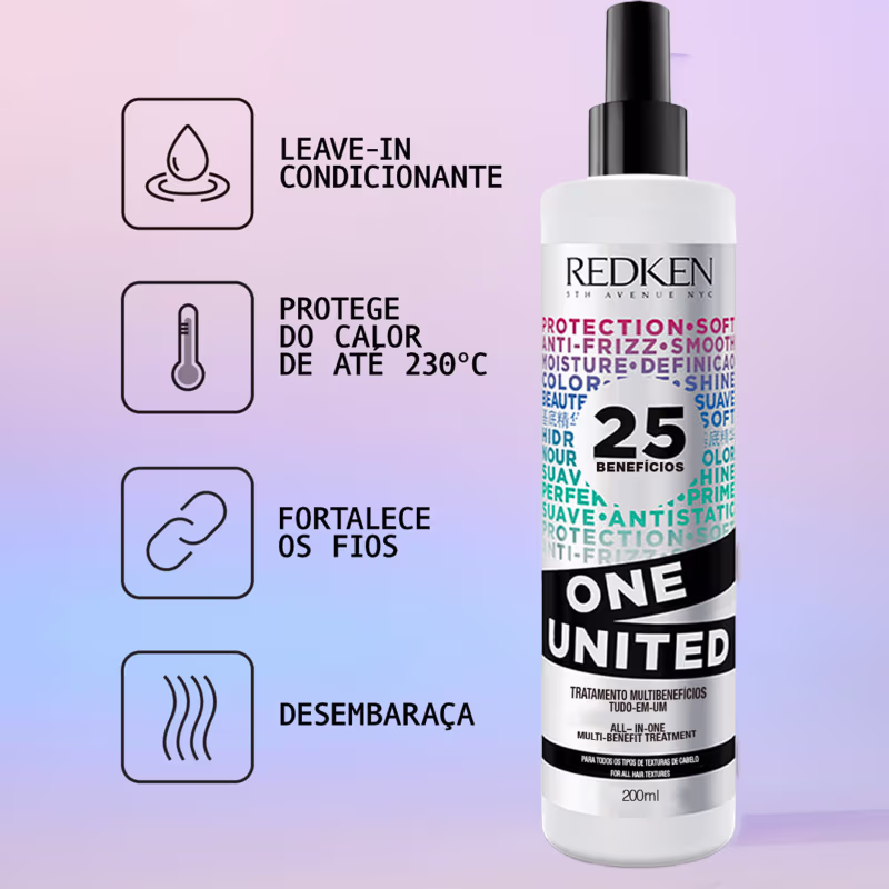 O produto Redken One United é um tratamento multifuncional para cabelos em um frasco branco e preto com rótulo informando os 25 benefícios do produto, incluindo proteção contra frizz e definição da cor.