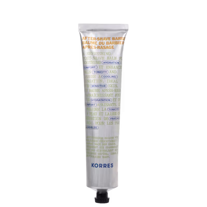 Tubo de bálsamo pós-barba refrescante da marca Korres, com embalagem branca e azul, contendo informações sobre os benefícios do produto para a pele sensível.