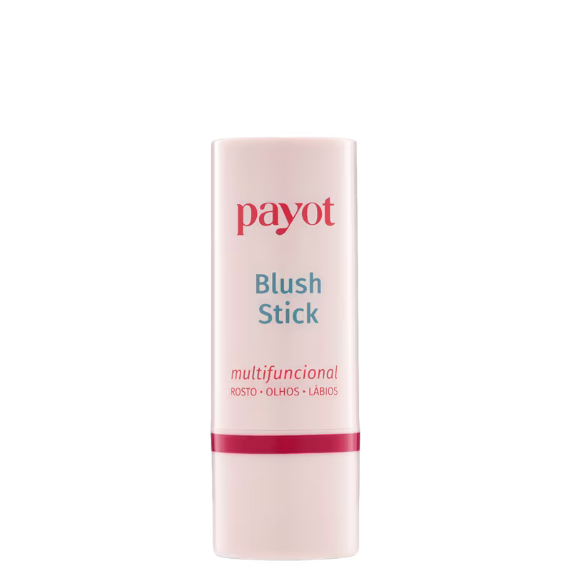 Embalagem branca cilíndrica com rótulo vermelho e azul da marca Payot, contendo um item de maquiagem chamado Blush Stick, com texto indicando ser um produto multifuncional para rosto, olhos e lábios.