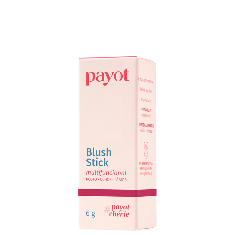 Caixa de papelão rosa com logotipo da marca Payot, contendo um item de maquiagem em formato de bastão, com rótulo indicando "Blush Stick multifuncional" para uso em rosto, olhos e lábios.