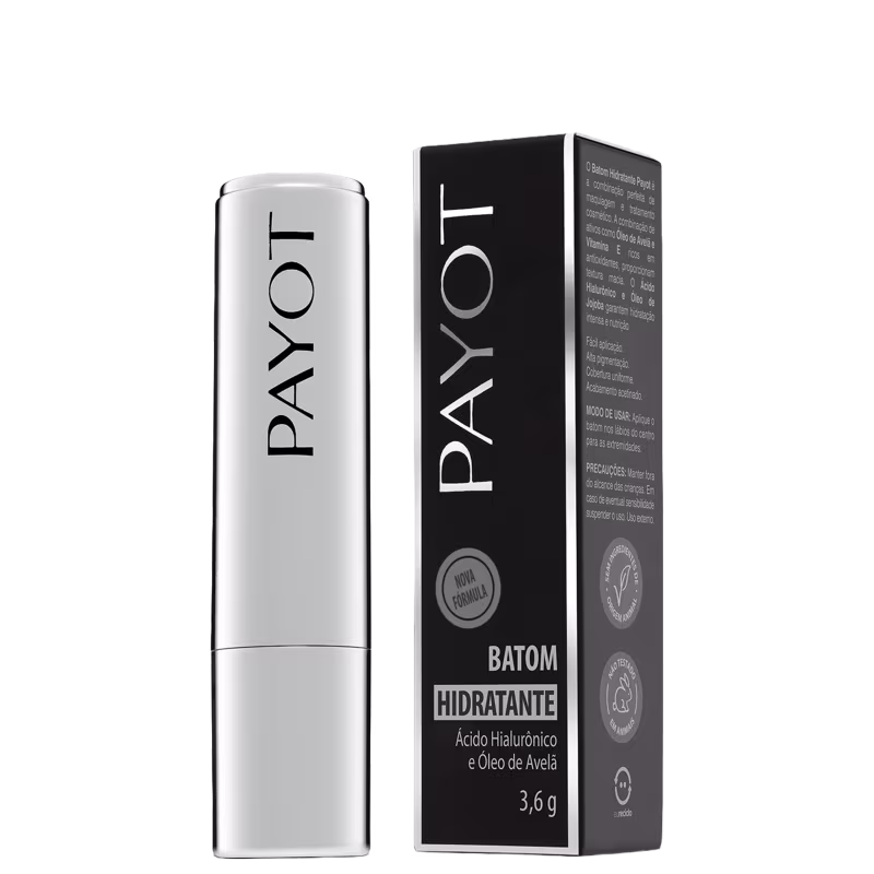 Embalagem preta e branca de batom da marca Payot, com frasco retangular e caixa com texto "Batom Hidratante" e informações sobre ingredientes.