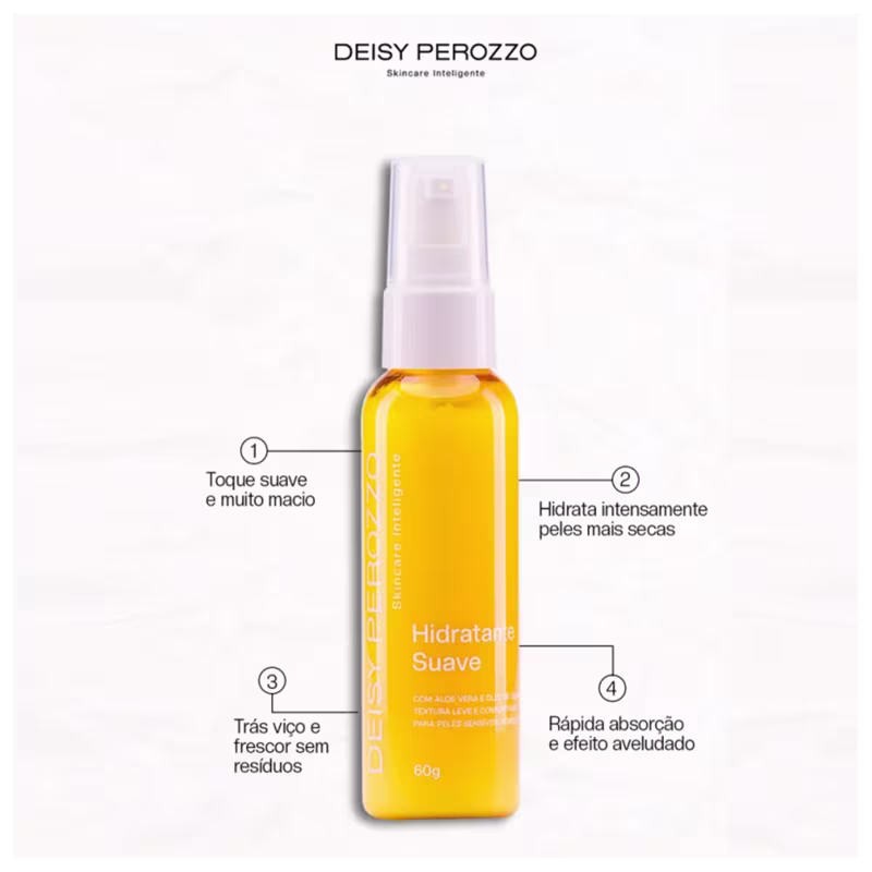 O produto apresentado é um hidratante suave da marca Deisy Perozzo, Destaca as principais características do produto, como toque suave e muito macio, hidratação intensa para peles mais secas, além de uma rápida absorção e efeito aveludado.