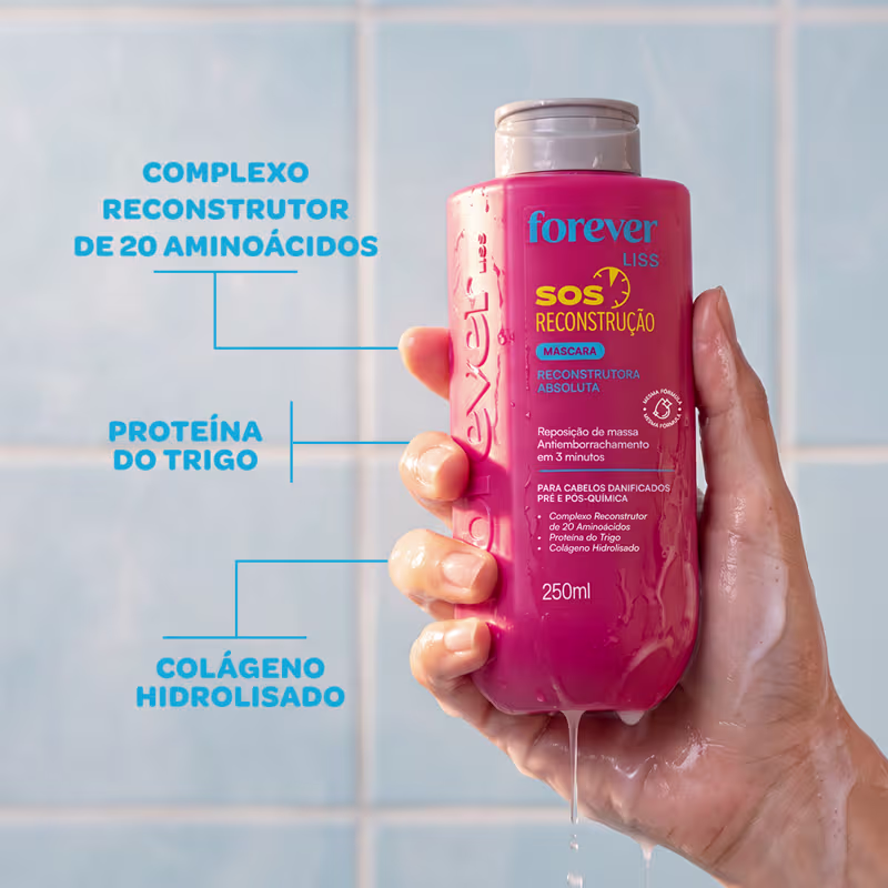 Frasco rosa da marca Forever Liss contendo um complexo reconstrutor de 20 aminoácidos, proteína do trigo e colágeno hidrolisado, indicado para cabelos danificados.