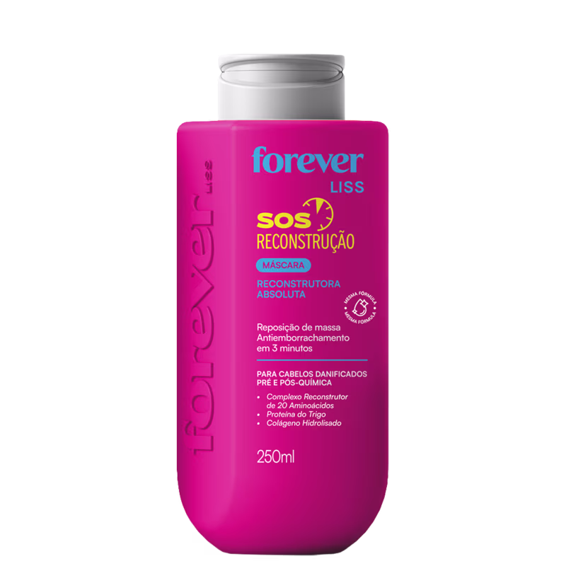 Frasco rosa de 250ml da máscara reconstrutora absoluta da linha SOS Reconstrução da Forever Liss, com informações sobre seus principais ingredientes e benefícios para cabelos danificados.