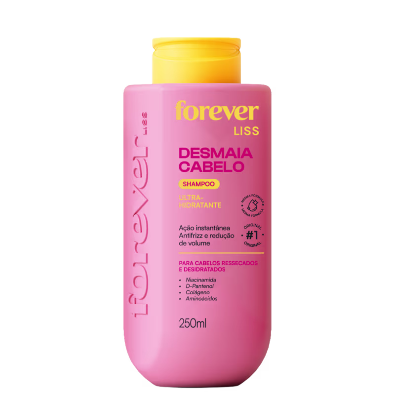 Frasco rosa de 250ml do shampoo ultra-hidratante Desmaia Cabelo da linha Forever Liss, com rótulo destacando ação antifrizz e redução de volume.