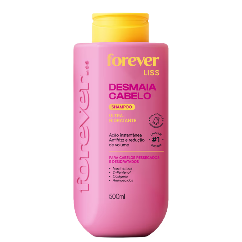 Frasco rosa com rótulo "Forever Liss Desmaia Cabelo" em amarelo, contendo 500ml de shampoo ultra-hidratante para cabelos ressecados e desidratados.
