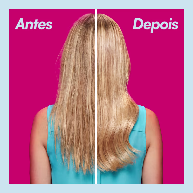 Imagem de antes e depois de um tratamento capilar da marca Forever Liss, com fundo rosa vibrante. Destaque para os cabelos loiros e ondulados da modelo, com textura e brilho evidentes após o tratamento.