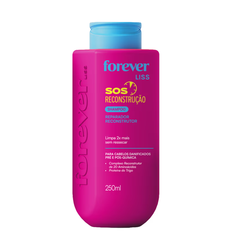 Frasco rosa de 250ml do shampoo reparador reconstrutor SOS da linha Forever Liss, com tampa azul e rótulo destacando os benefícios do produto para cabelos danificados.