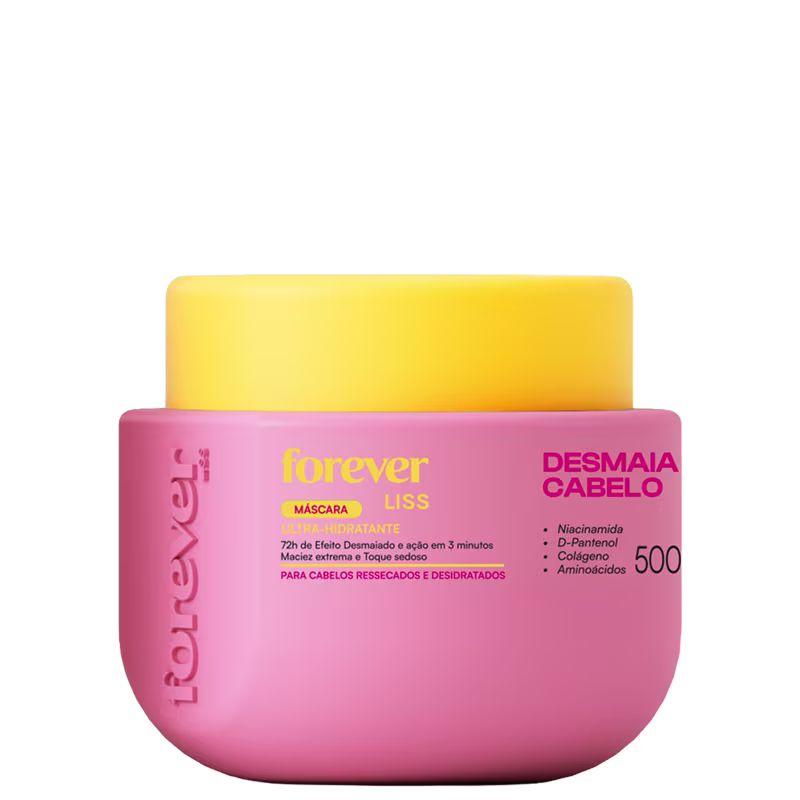Máscara capilar rosa da linha Forever Liss, com embalagem em formato de pote e rótulo destacando os ingredientes Niacinamida, D-Pantenol, Colágeno e Aminoácidos.