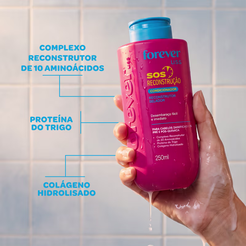 Frasco rosa de 250 ml da linha SOS Reconstrução da Forever Liss, com rótulo destacando o complexo reconstrutor de 10 aminoácidos, proteína do trigo e colágeno hidrolisado.