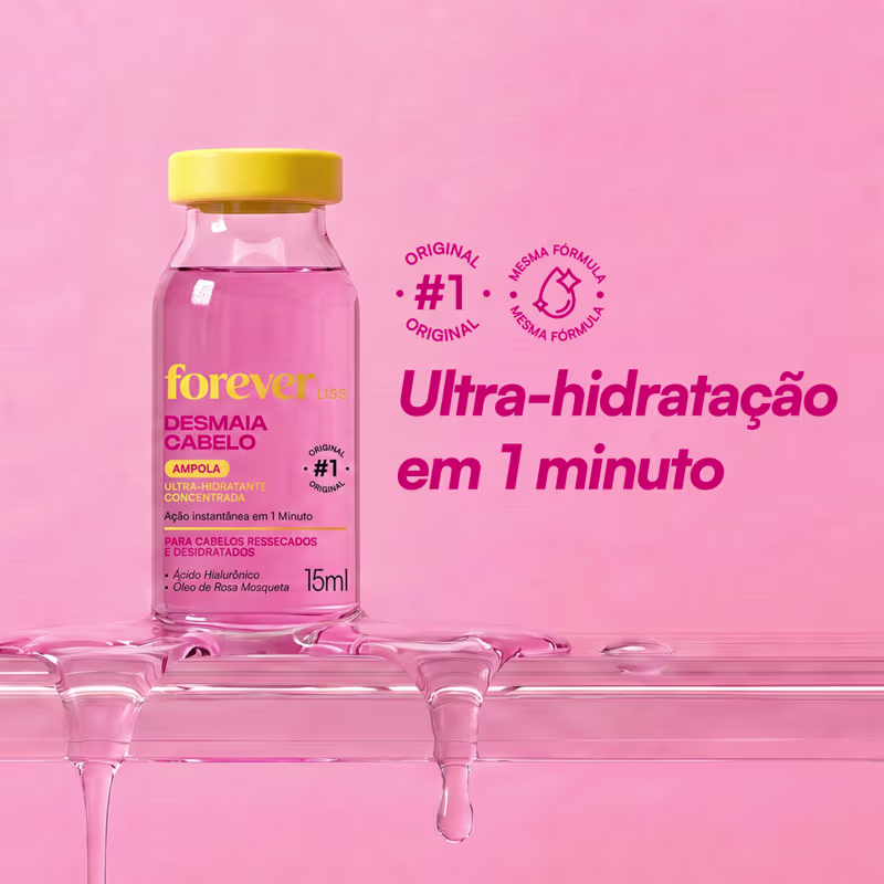 Frasco de 15ml da ampola Desmaia Cabelo da marca Forever Liss, com fórmula para cabelos ressecados e desidratados, contendo ácido hialurônico e óleo de rosa mosqueta, com tampa amarela e rótulo rosa.