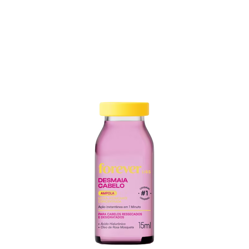 Frasco de 15ml da ampola Desmaia Cabelo da marca Forever Liss, com fórmula para cabelos ressecados e desidratados, contendo ácido hialurônico e óleo de rosa mosqueta, com tampa amarela e rótulo rosa.