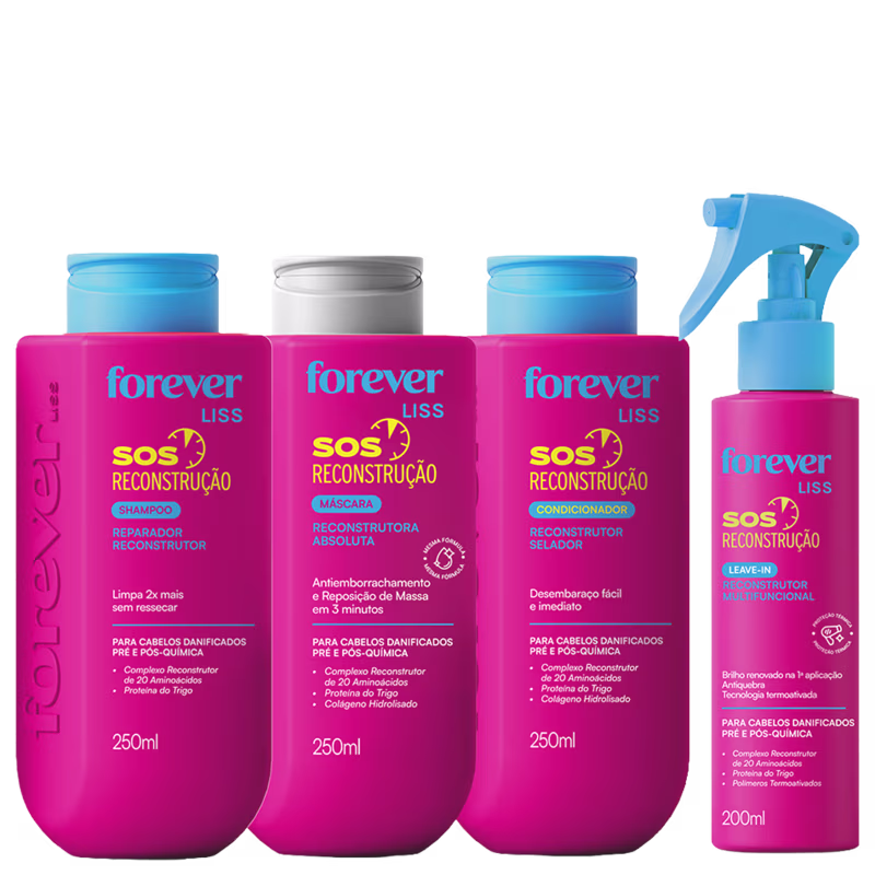 Conjunto de produtos de beleza da linha Forever Liss SOS Reconstrução, incluindo shampoo, máscara e condicionador em embalagens rosa e azul, além de um leave-in reconstrutor em embalagem rosa.