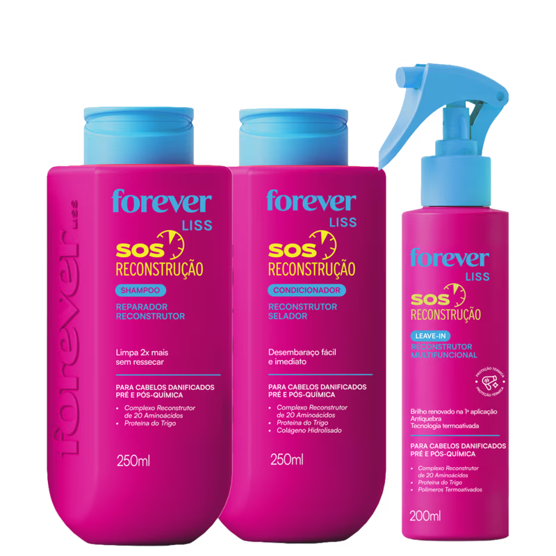 Conjunto de produtos de reconstrução capilar da linha Forever Liss, composto por shampoo, condicionador e leave-in em embalagens rosa e azul, com informações sobre os ingredientes e benefícios.