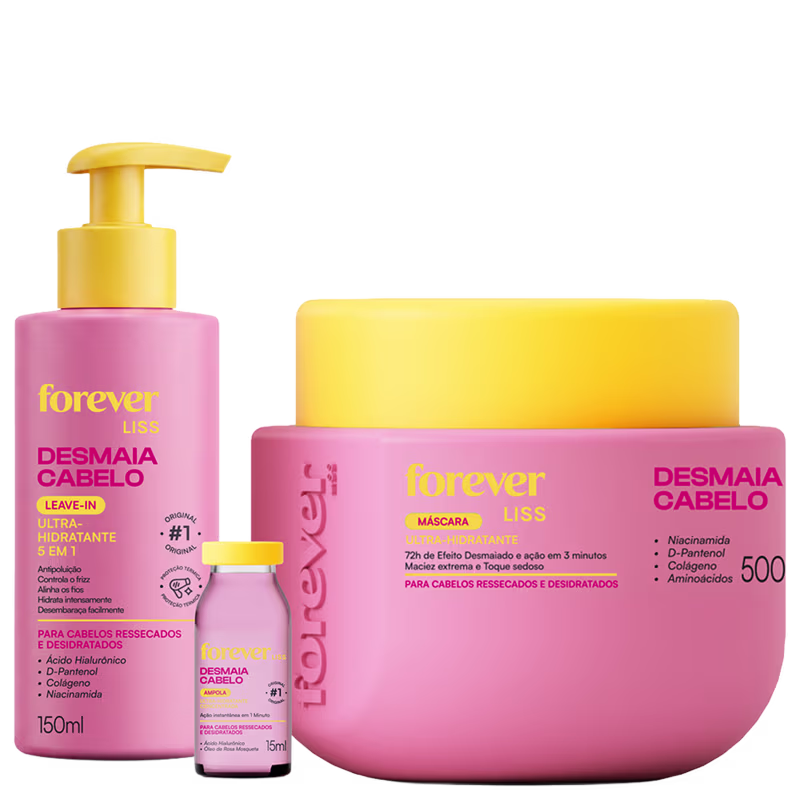 Produtos de beleza da marca Forever Liss, incluindo um frasco de leave-in hidratante, um pote de máscara hidratante e uma ampola de tratamento capilar, todos em cores rosa e amarela.