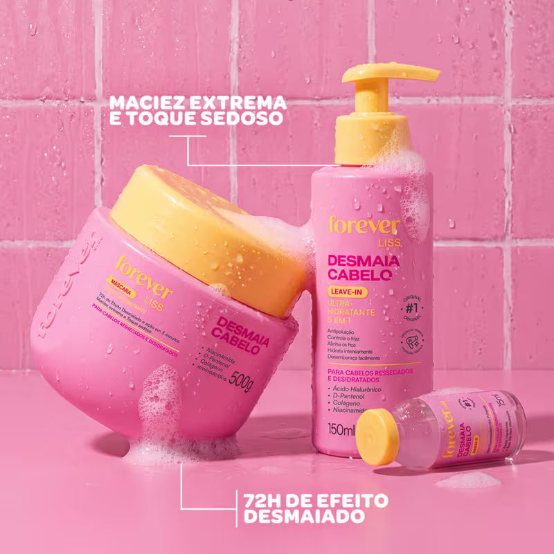 Produtos de beleza da marca Forever Liss, incluindo um frasco de leave-in hidratante, um pote de máscara hidratante e uma ampola de tratamento capilar, todos em cores rosa e amarela.