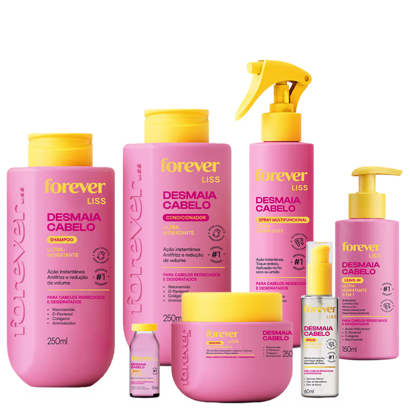 Produtos de beleza da linha Forever Liss, incluindo shampoo, condicionador, spray, sérum e leave-in, em embalagens rosa e amarelas com rótulos indicando os benefícios para cabelos ressecados e desidratados.