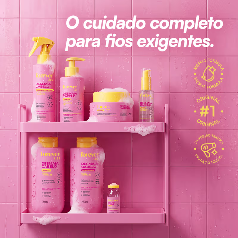 Produtos de beleza da linha Forever Liss, incluindo shampoo, condicionador, spray, sérum e leave-in, em embalagens rosa e amarelas com rótulos indicando os benefícios para cabelos ressecados e desidratados.
