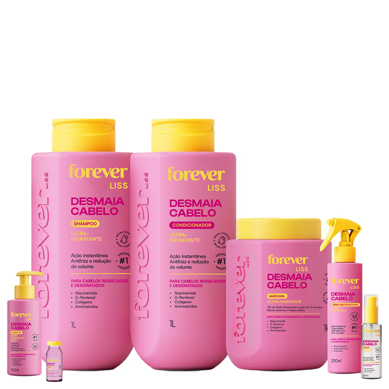 Conjunto de produtos de beleza da marca Forever Liss, incluindo shampoo, condicionador, máscara e spray para cabelos ressecados e desidratados, em embalagens rosa e amarela com rótulos indicando os benefícios do tratamento.
