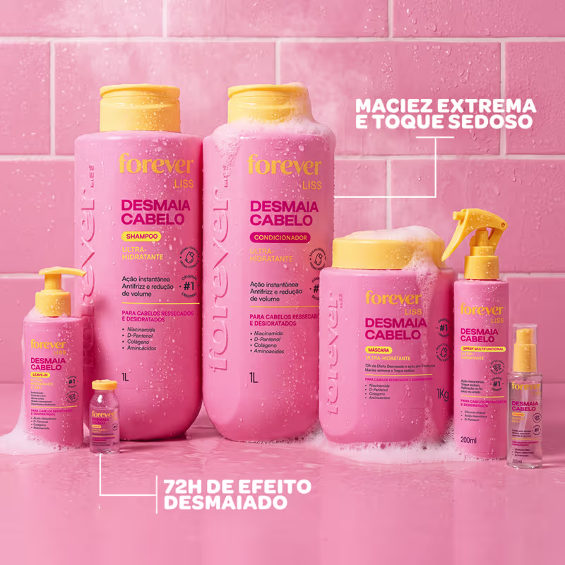 Conjunto de produtos de beleza da marca Forever Liss, incluindo shampoo, condicionador, máscara e spray para cabelos ressecados e desidratados, em embalagens rosa e amarela com rótulos indicando os benefícios do tratamento.