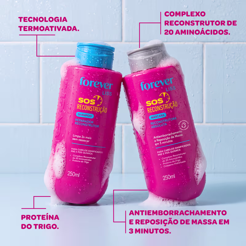 Dois frascos de produtos de beleza da marca Forever Liss, em embalagens rosa e azul, com rótulos indicando "SOS Reconstrução" - um shampoo reparador e uma máscara reconstrutora para cabelos danificados.