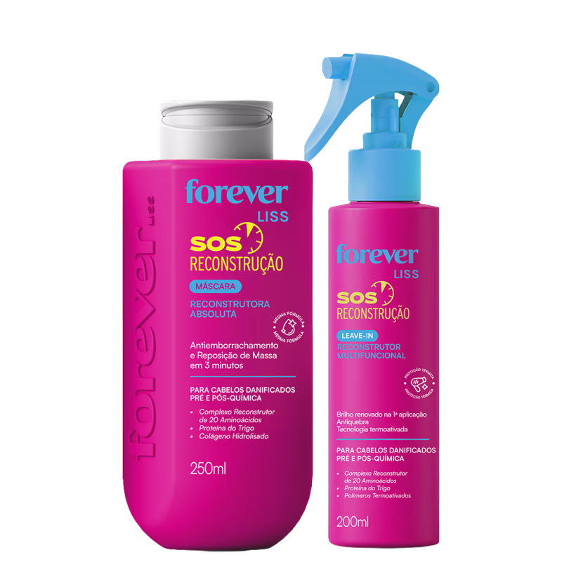 Dois produtos da linha Forever Liss: uma máscara reconstrutora de cabelos em embalagem rosa e um leave-in reconstrutor em embalagem rosa e azul, ambos com rótulos indicando a função "SOS Reconstrução".