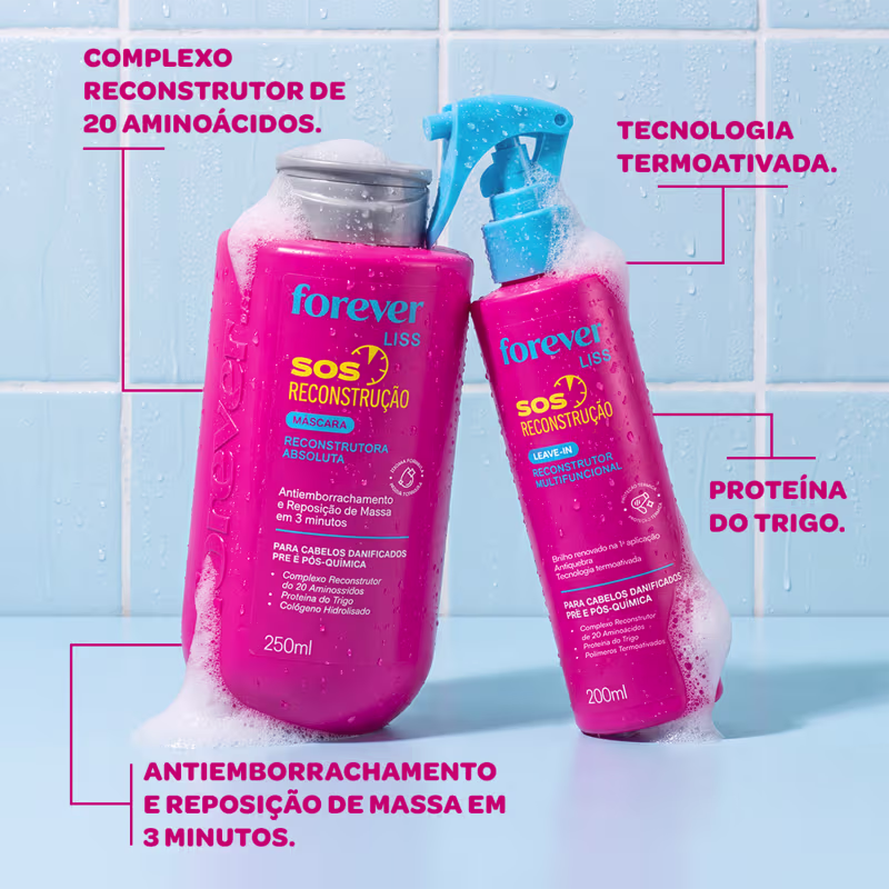Dois produtos da linha Forever Liss: uma máscara reconstrutora de cabelos em embalagem rosa e um leave-in reconstrutor em embalagem rosa e azul, ambos com rótulos indicando a função "SOS Reconstrução".