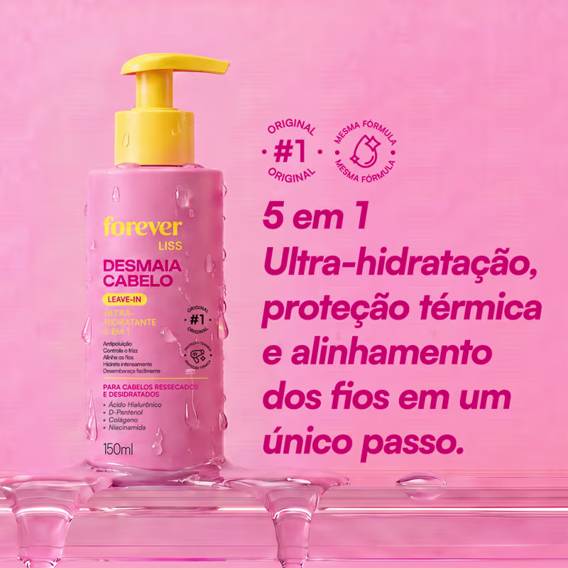 Frasco rosa com bomba doseadora amarela da linha Forever Liss, contendo leave-in ultra-hidratante 5 em 1 para cabelos ressecados e desidratados.