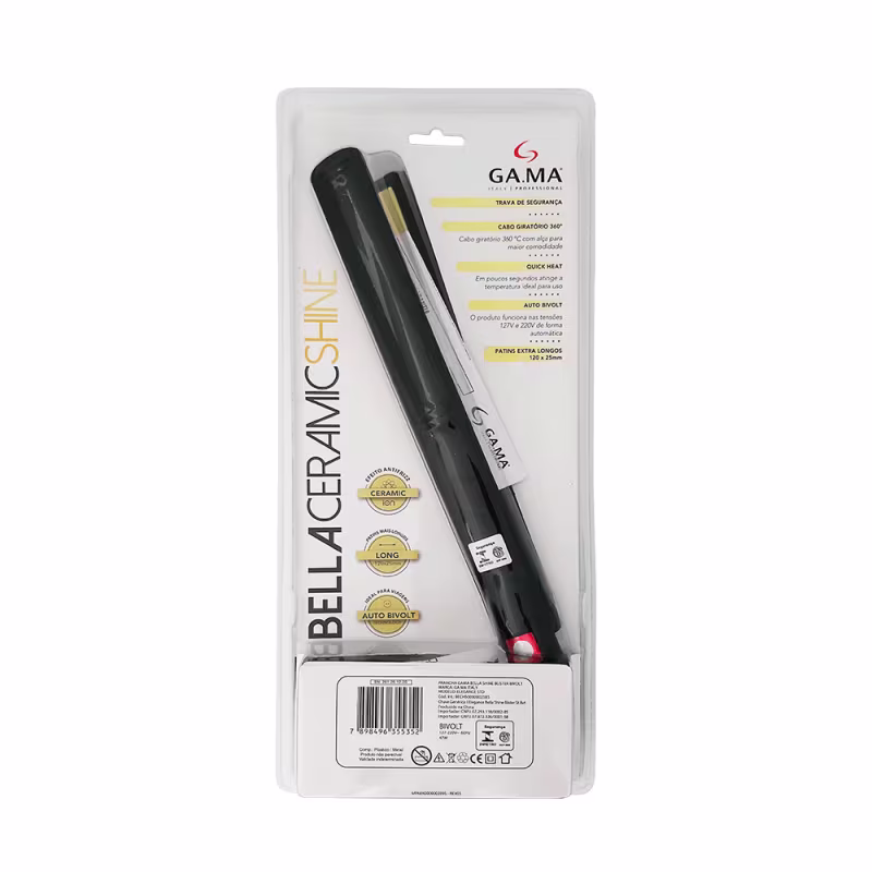 A imagem mostra uma embalagem plástica transparente contendo a chapinha preta com detalhes dourados. A embalagem exibe informações adicionais em texto sobre especificações técnicas e certificações na parte inferior da embalagem.