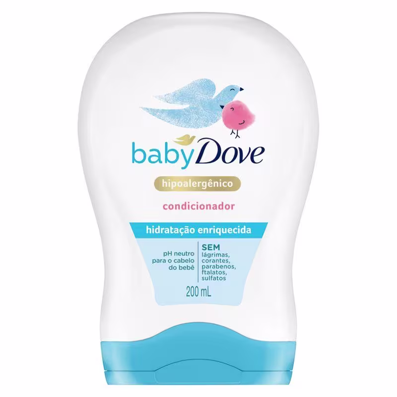 A imagem mostra o Condicionador Infantil Baby Dove Hidratação Enriquecida da marca Dove.