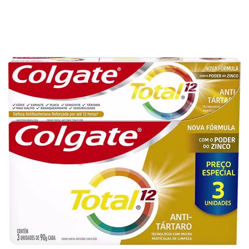 Creme Dental Colgate Total 12 Anti-Tártaro 90g com 3 unidades
