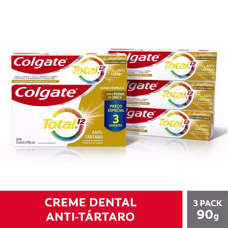 Creme Dental Colgate Total 12 Anti-Tártaro 90g com 3 unidades