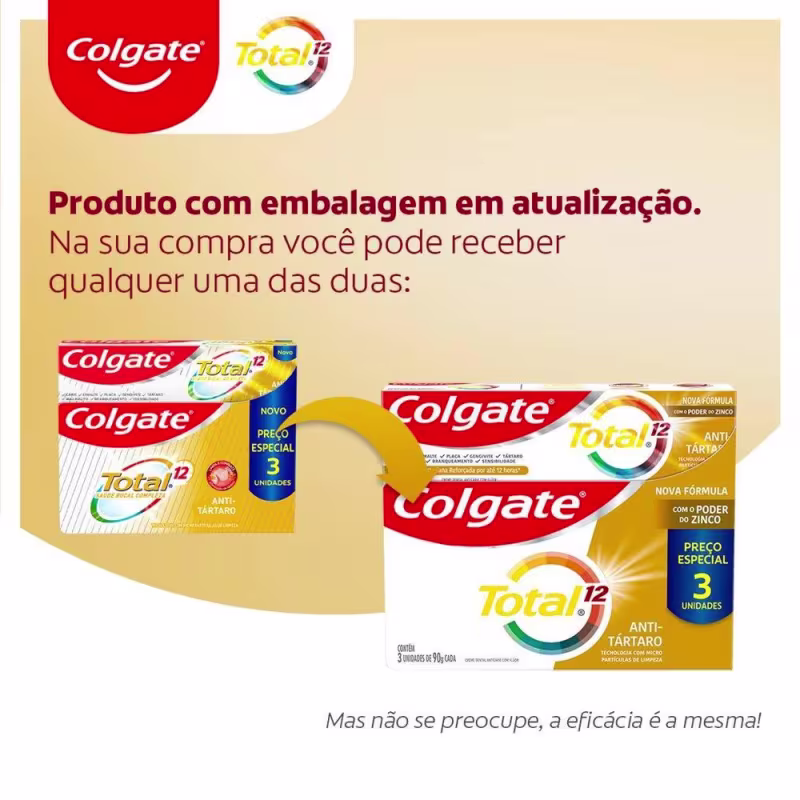 Creme Dental Colgate Total 12 Anti-Tártaro 90g com 3 unidades