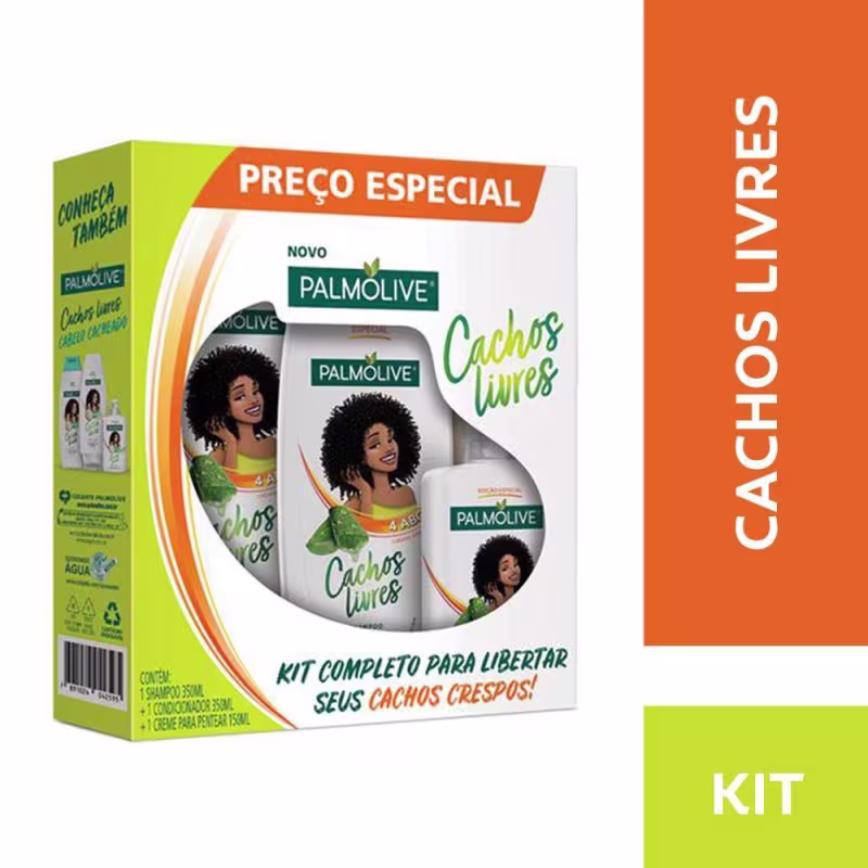 Kit com 1 Shampoo 350ml + 1 Condicionador 350ml + 1 Creme de Pentear 150ml Palmolive Cachos Livres Extrato de Babosa