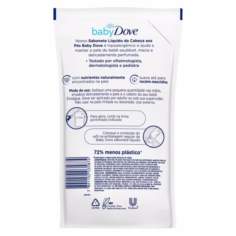 Kit Sabonete Líquido Baby Dove Hidratação Enriquecida 400ml + 3 Refil 180ml