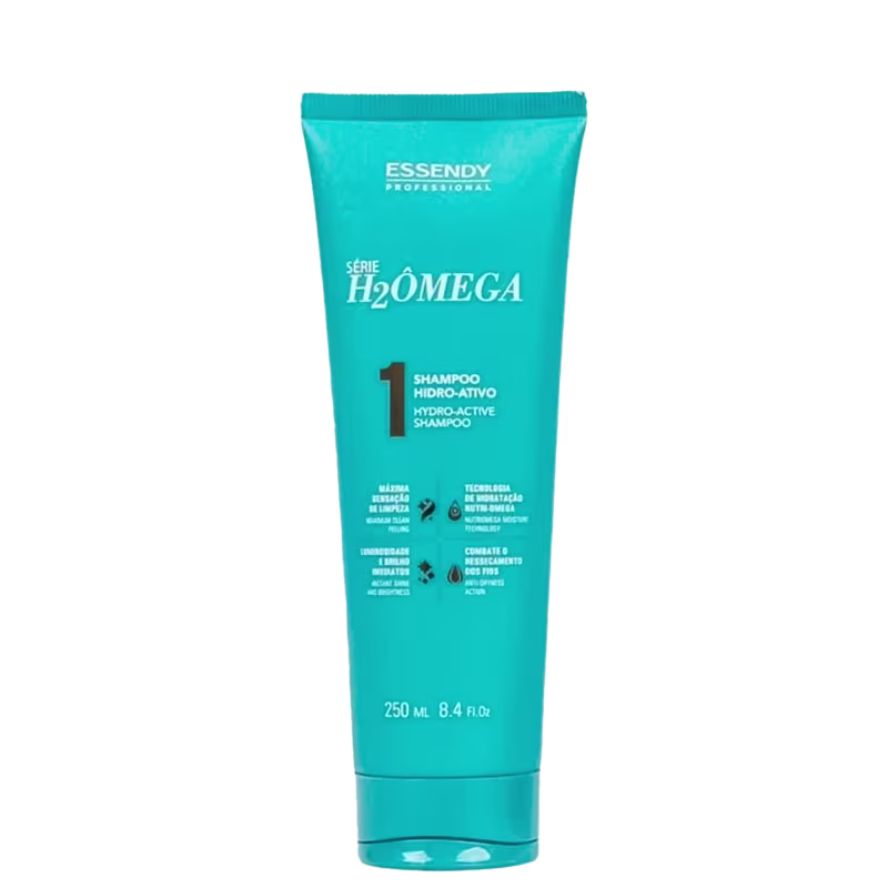 O produto apresentado é um shampoo da série H2OMEGA da marca Essendy Professional. O texto no rótulo indica que se trata de um "Shampoo Hidro-Ativo" com tecnologia que combate o ressecamento dos fios e promove limpeza.