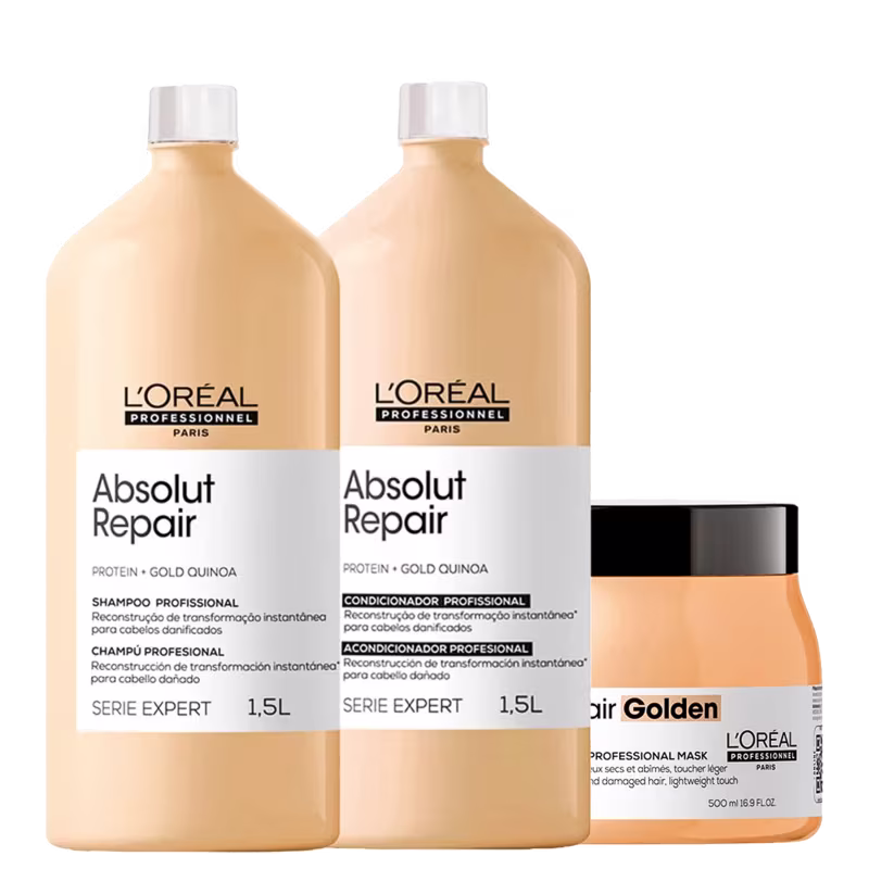 A imagem mostra dois frascos de plástico cilíndrico de 1,5 litros e um frasco redondo de 500ml, da linha Absolut Repair da L'Oréal Professionnel, de cor bege com rótulo branco.